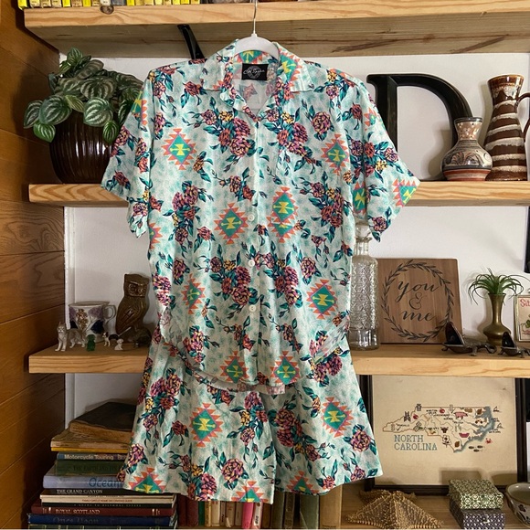 Vintage 80s 90s southwestern floral print 2 piece set - Picture 1 of 7